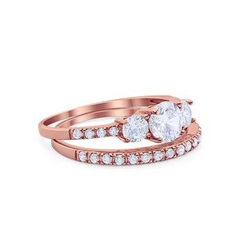 Three Stone Two Piece Bridal Round Rose Tone, Simulated Cubic Zirconia Wedding Ring 925 Sterling Silver